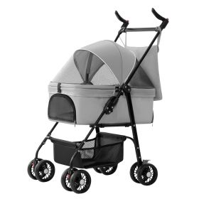 4 Wheels Pet Stroller Foldable Carrier Strolling Cart Travel Jogger Pet Stroller with Removable Liner Storage Basket for Dog Cat (Option: erGrey)