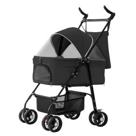 4 Wheels Pet Stroller Foldable Carrier Strolling Cart Travel Jogger Pet Stroller with Removable Liner Storage Basket for Dog Cat (Option: rBlack)